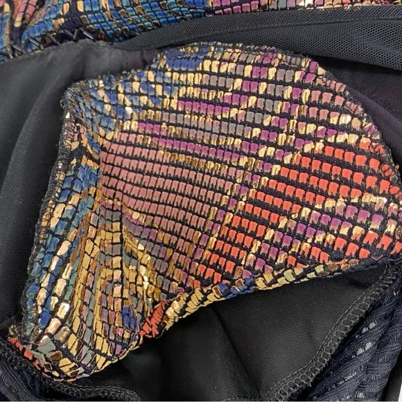 Vintage Multicolor Metallic Painted Bombshell Mesh Front Midi Dress Size Small - Picture 11 of 16